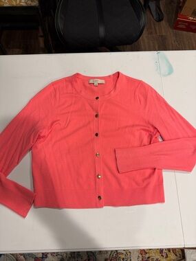LOFT Coral-Pink Gold-Button Cropped Cardigan